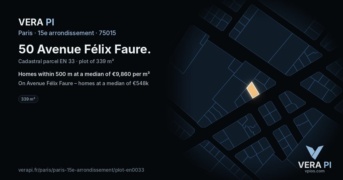 50 Avenue Félix Faure, 15e arrondissement at night – the plot lit, the parcels around coloured by the prices near them