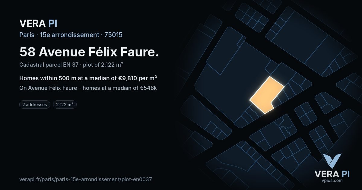 58 Avenue Félix Faure, 15e arrondissement at night – the plot lit, the parcels around coloured by the prices near them