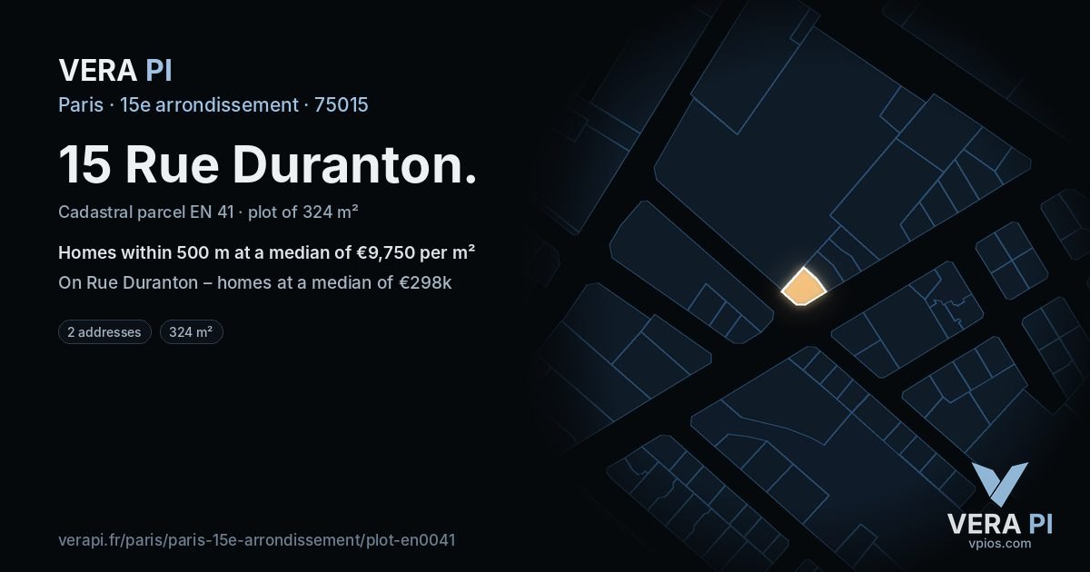 15 Rue Duranton, 15e arrondissement at night – the plot lit, the parcels around coloured by the prices near them
