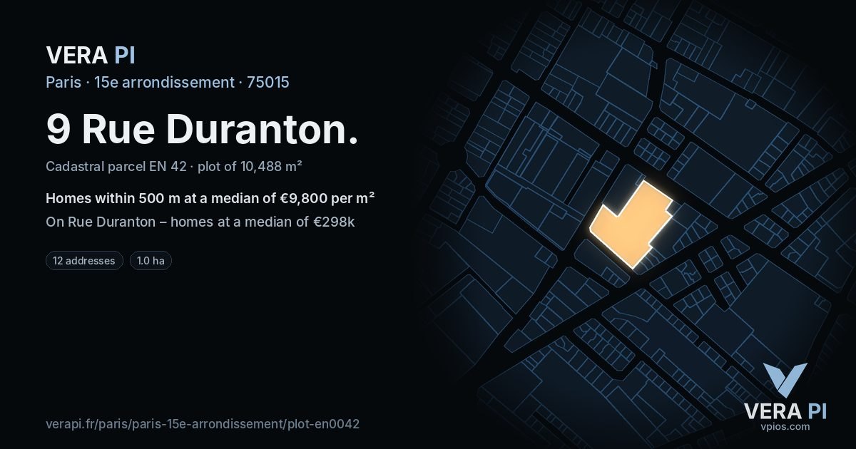 9 Rue Duranton, 15e arrondissement at night – the plot lit, the parcels around coloured by the prices near them