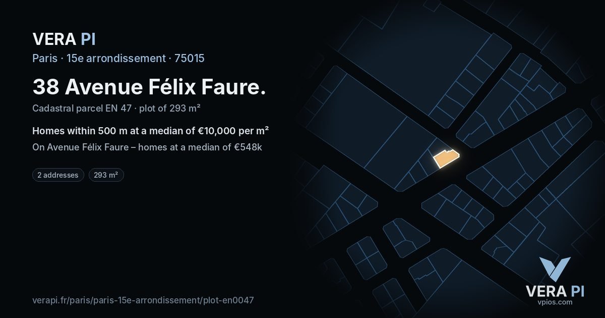 38 Avenue Félix Faure, 15e arrondissement at night – the plot lit, the parcels around coloured by the prices near them