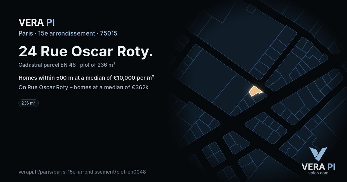 24 Rue Oscar Roty, 15e arrondissement at night – the plot lit, the parcels around coloured by the prices near them