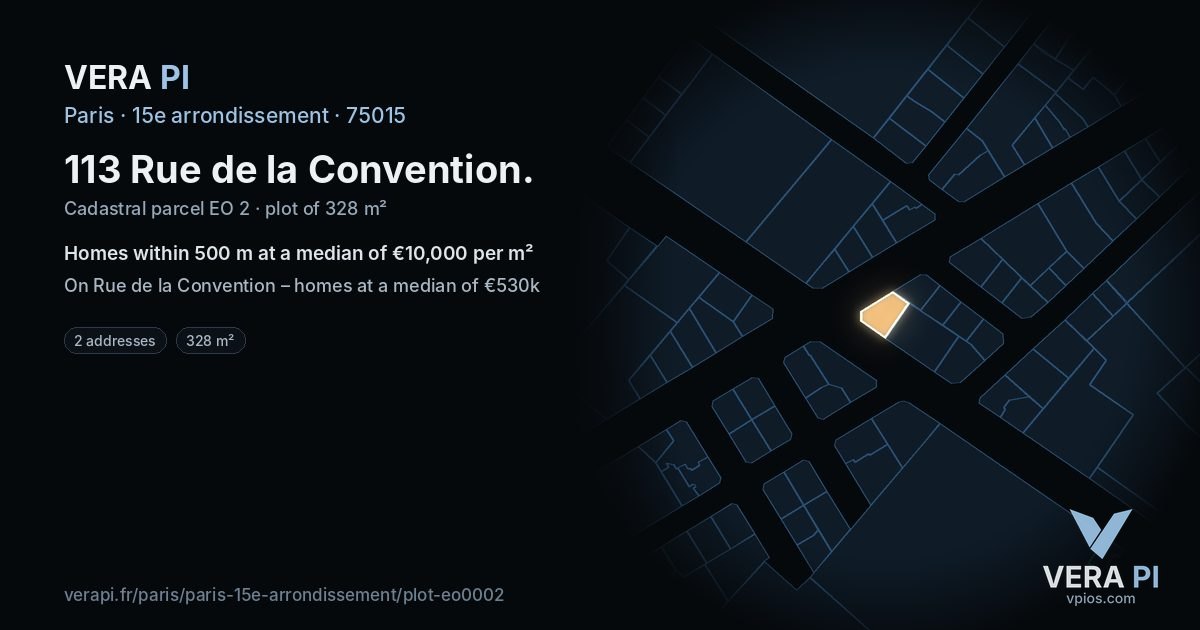 113 Rue de la Convention, 15e arrondissement at night – the plot lit, the parcels around coloured by the prices near them