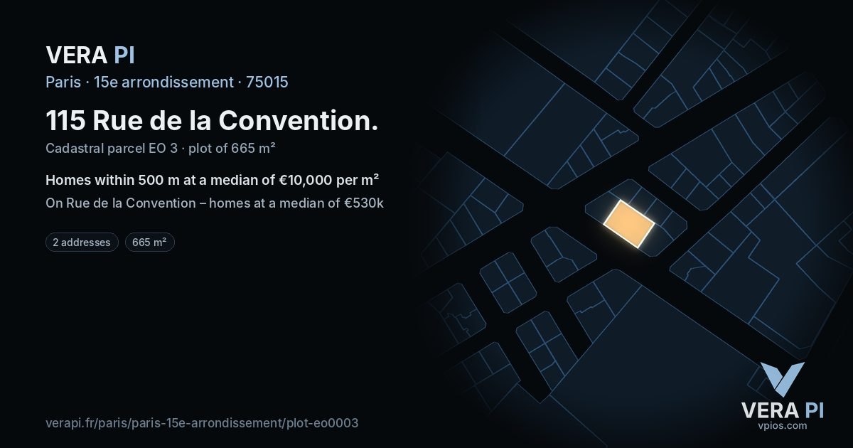 115 Rue de la Convention, 15e arrondissement at night – the plot lit, the parcels around coloured by the prices near them