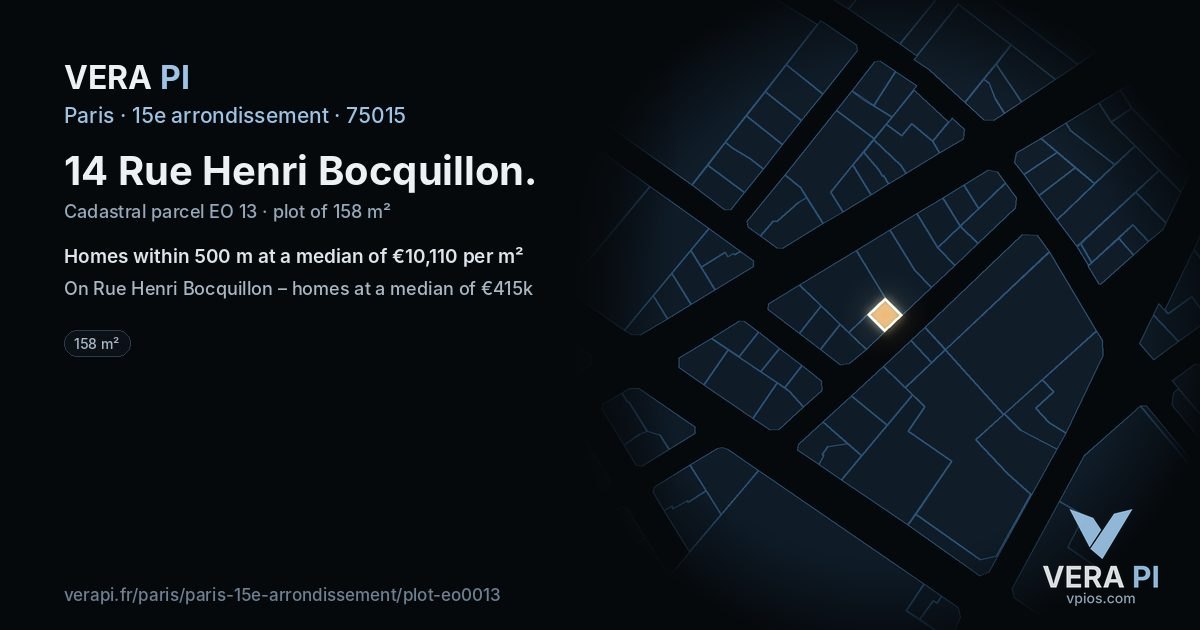 14 Rue Henri Bocquillon, 15e arrondissement at night – the plot lit, the parcels around coloured by the prices near them