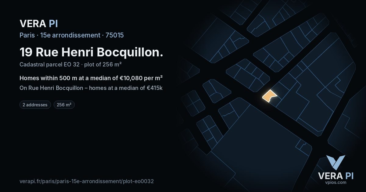 19 Rue Henri Bocquillon, 15e arrondissement at night – the plot lit, the parcels around coloured by the prices near them
