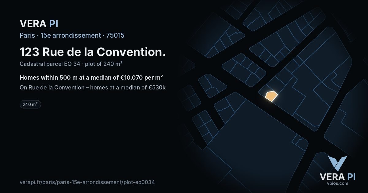 123 Rue de la Convention, 15e arrondissement at night – the plot lit, the parcels around coloured by the prices near them