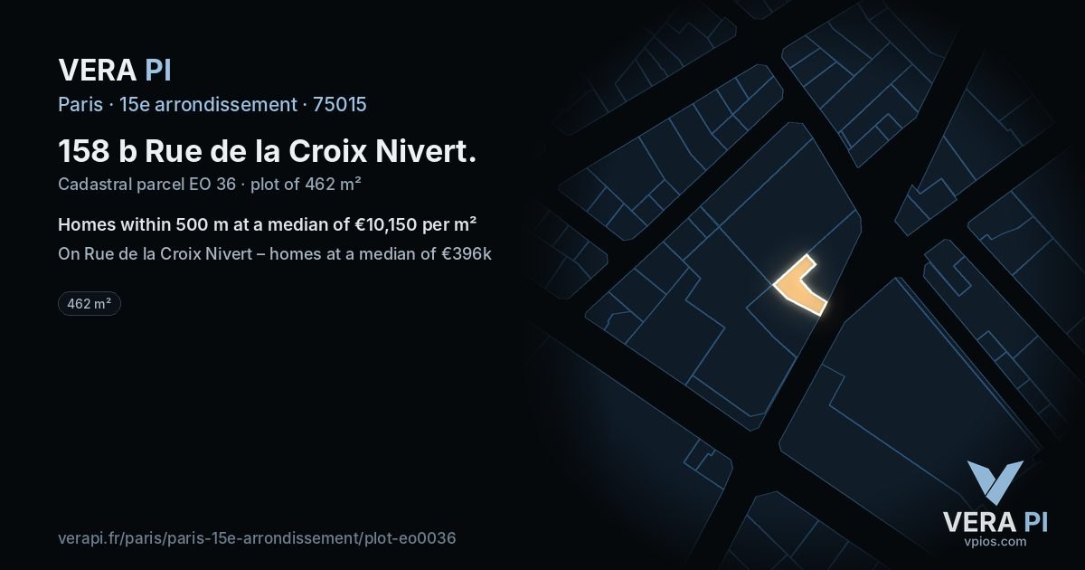 158 b Rue de la Croix Nivert, 15e arrondissement at night – the plot lit, the parcels around coloured by the prices near them