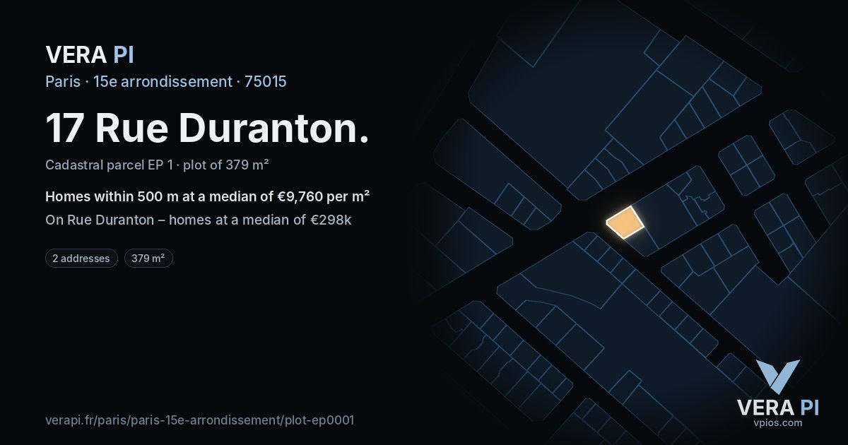 17 Rue Duranton, 15e arrondissement at night – the plot lit, the parcels around coloured by the prices near them