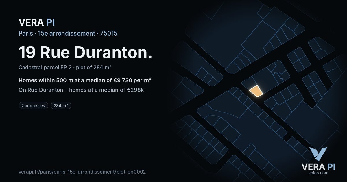 19 Rue Duranton, 15e arrondissement at night – the plot lit, the parcels around coloured by the prices near them