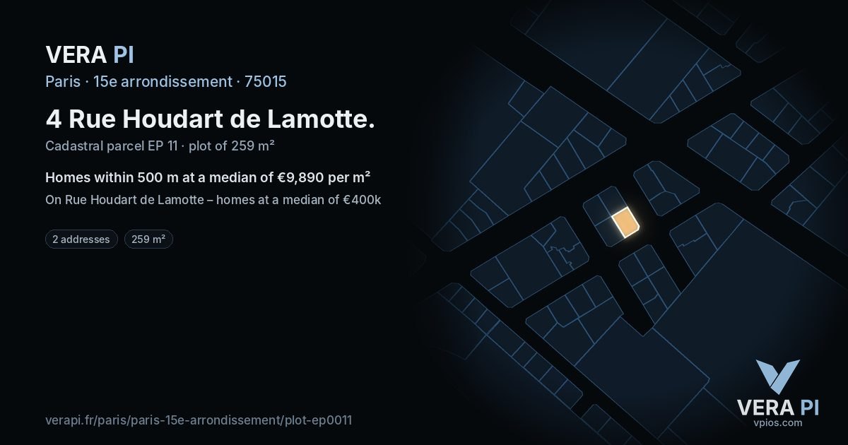 4 Rue Houdart de Lamotte, 15e arrondissement at night – the plot lit, the parcels around coloured by the prices near them