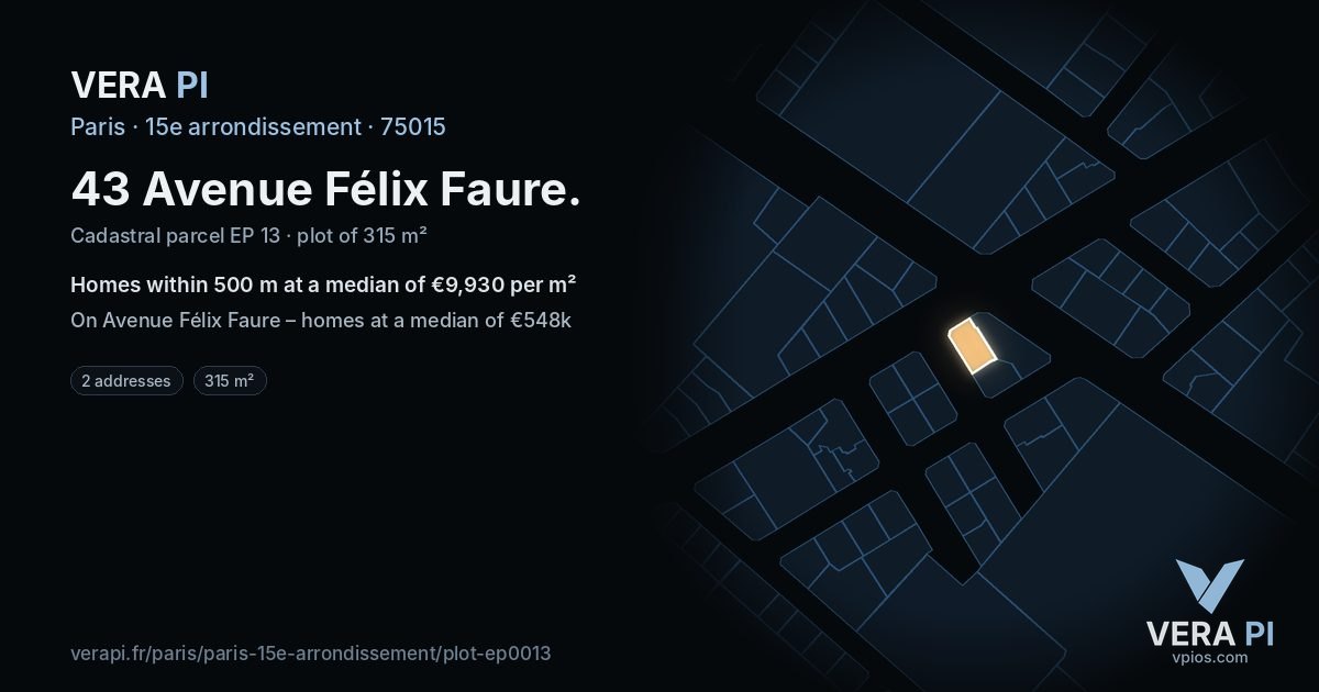 43 Avenue Félix Faure, 15e arrondissement at night – the plot lit, the parcels around coloured by the prices near them