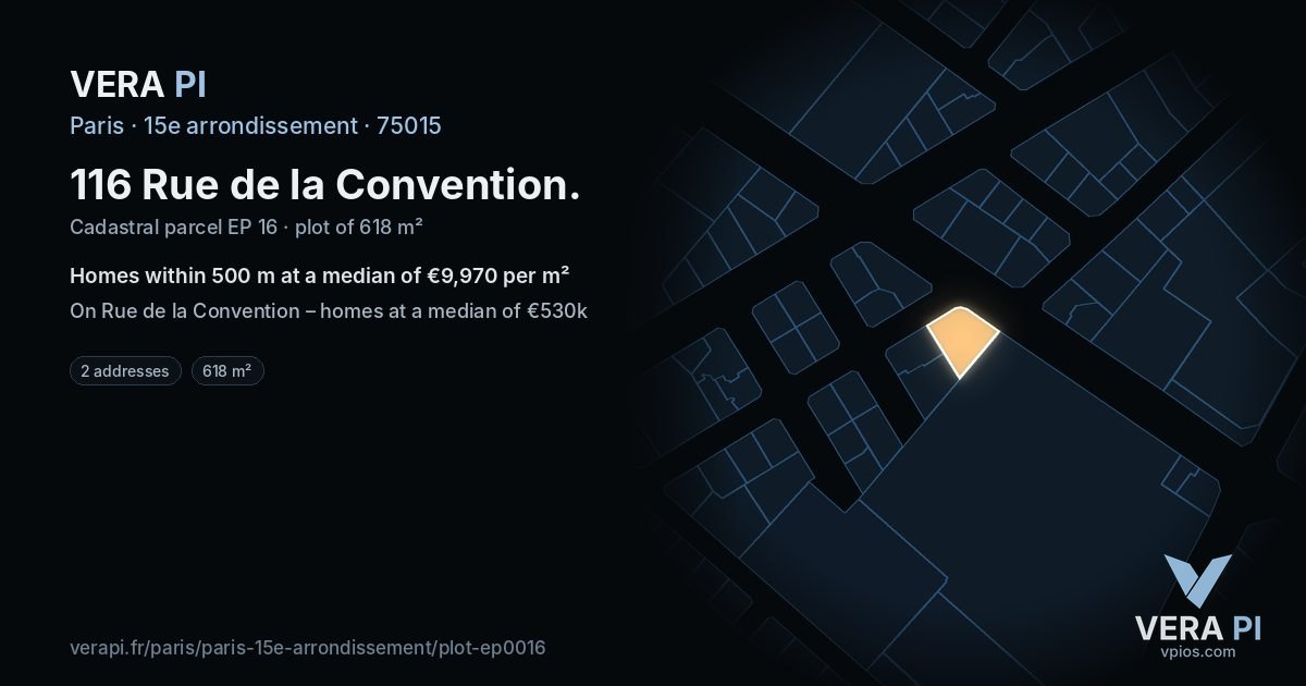 116 Rue de la Convention, 15e arrondissement at night – the plot lit, the parcels around coloured by the prices near them