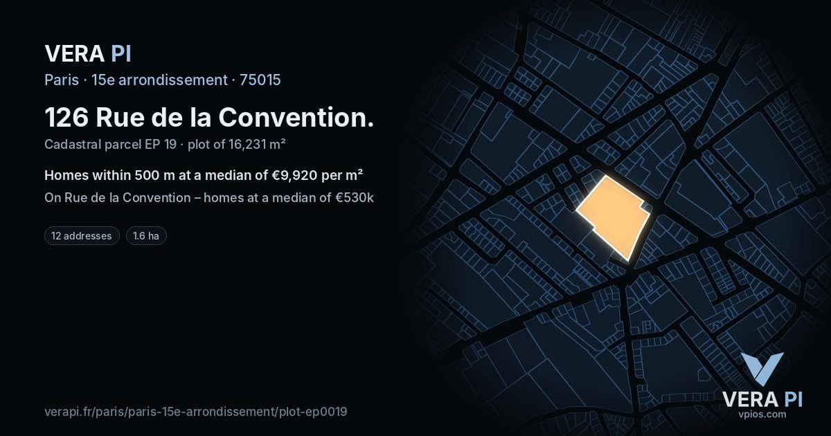 126 Rue de la Convention, 15e arrondissement at night – the plot lit, the parcels around coloured by the prices near them