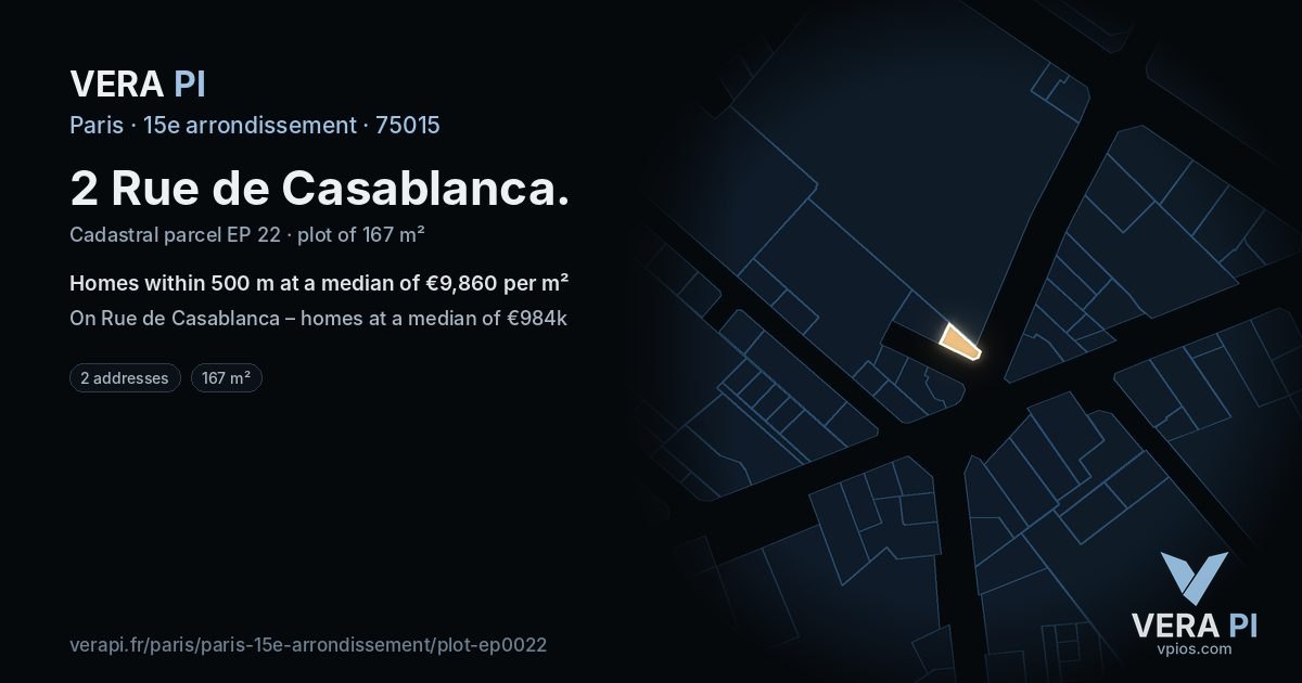 2 Rue de Casablanca, 15e arrondissement at night – the plot lit, the parcels around coloured by the prices near them