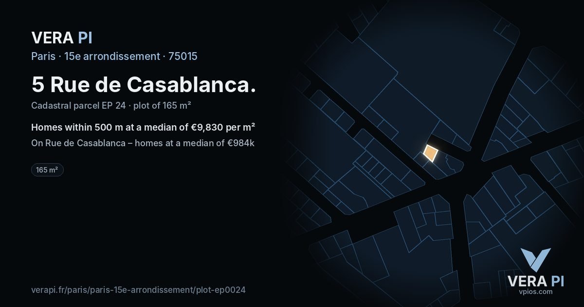 5 Rue de Casablanca, 15e arrondissement at night – the plot lit, the parcels around coloured by the prices near them