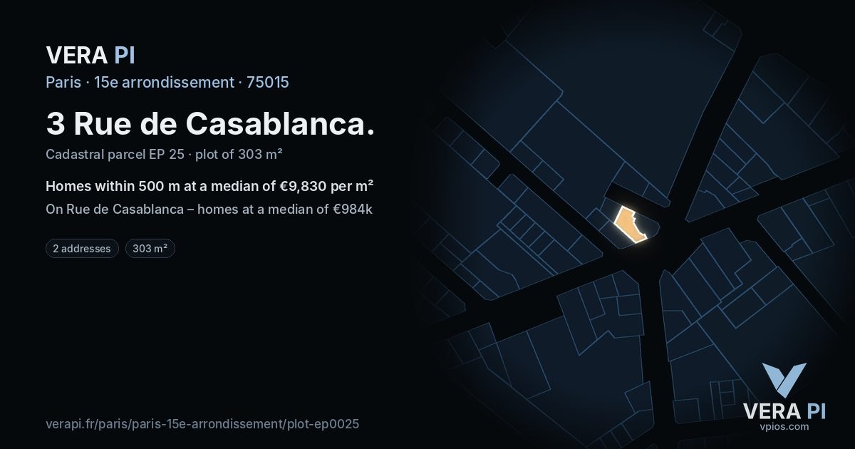 3 Rue de Casablanca, 15e arrondissement at night – the plot lit, the parcels around coloured by the prices near them