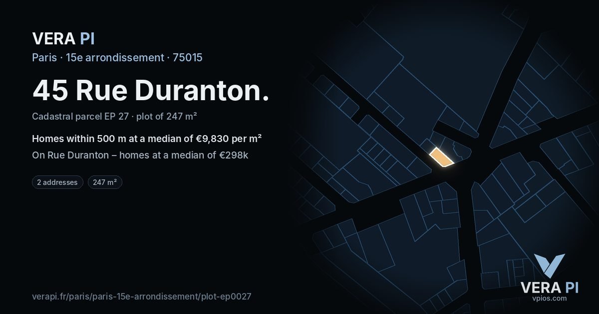 45 Rue Duranton, 15e arrondissement at night – the plot lit, the parcels around coloured by the prices near them