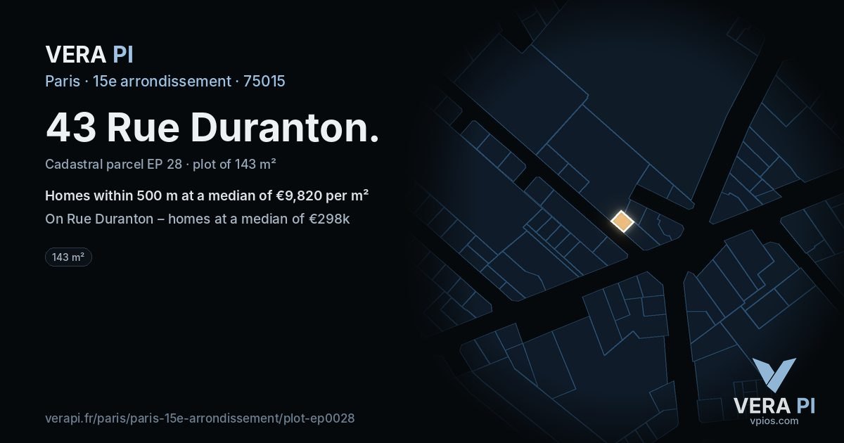 43 Rue Duranton, 15e arrondissement at night – the plot lit, the parcels around coloured by the prices near them