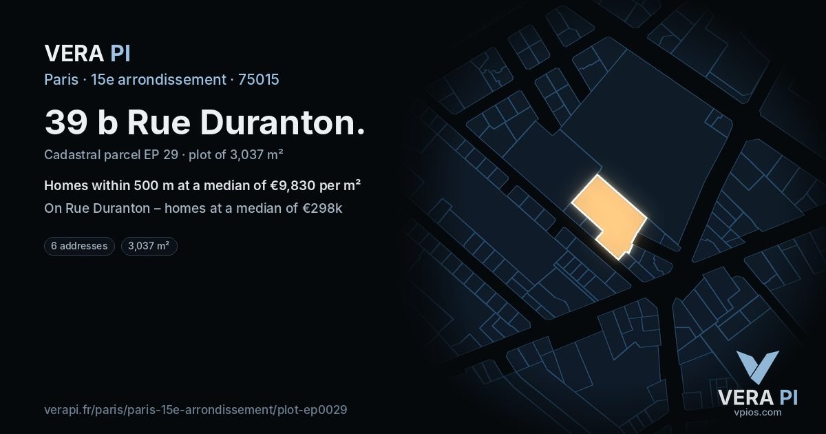39 b Rue Duranton, 15e arrondissement at night – the plot lit, the parcels around coloured by the prices near them