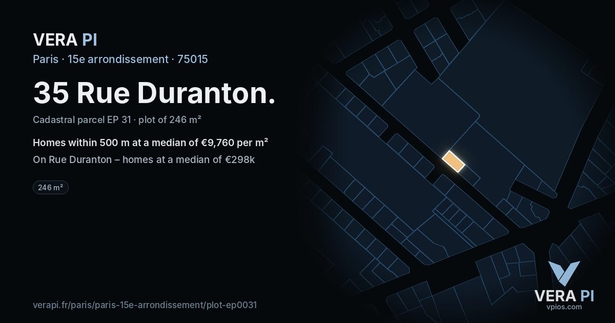 35 Rue Duranton, 15e arrondissement at night – the plot lit, the parcels around coloured by the prices near them