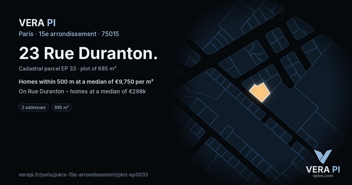 23 Rue Duranton, 15e arrondissement at night – the plot lit, the parcels around coloured by the prices near them