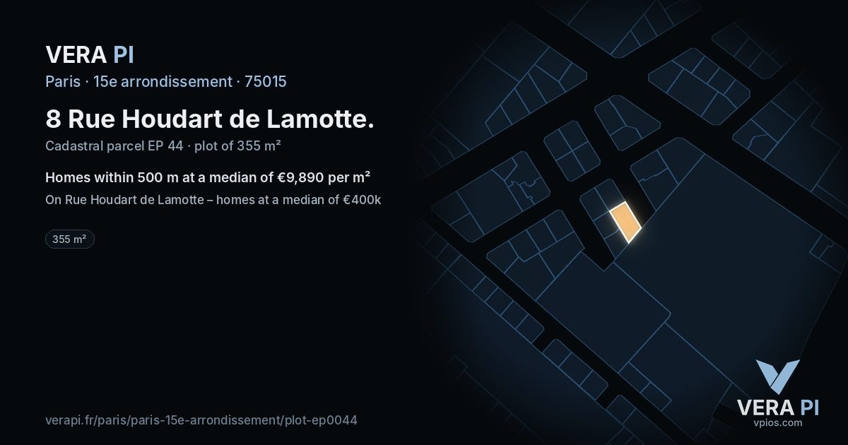 8 Rue Houdart de Lamotte, 15e arrondissement at night – the plot lit, the parcels around coloured by the prices near them