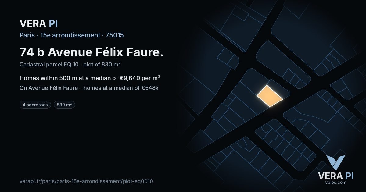 74 b Avenue Félix Faure, 15e arrondissement at night – the plot lit, the parcels around coloured by the prices near them