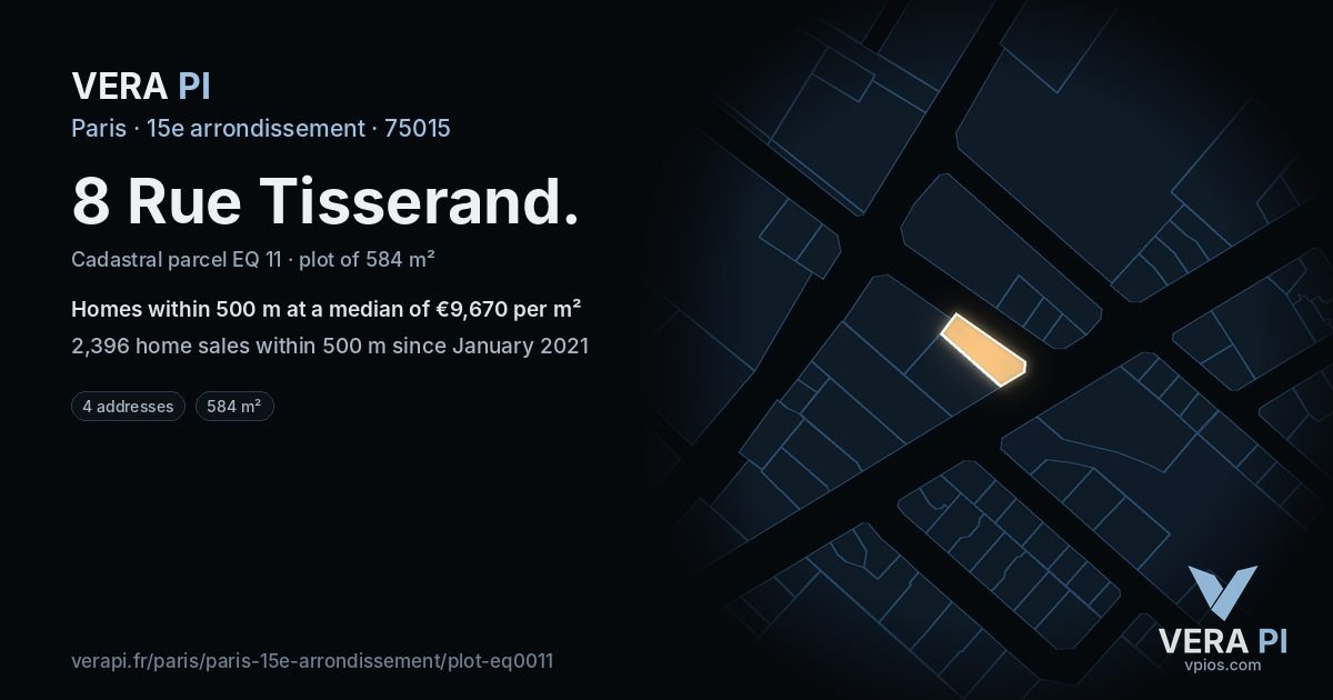 8 Rue Tisserand, 15e arrondissement at night – the plot lit, the parcels around coloured by the prices near them