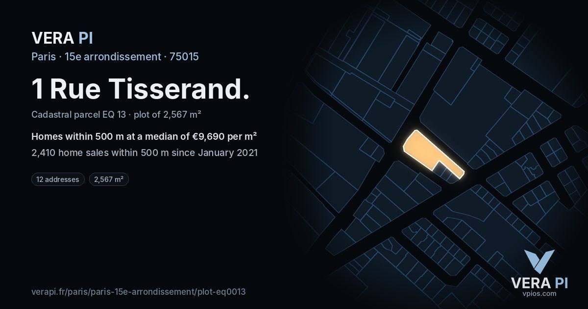 1 Rue Tisserand, 15e arrondissement at night – the plot lit, the parcels around coloured by the prices near them