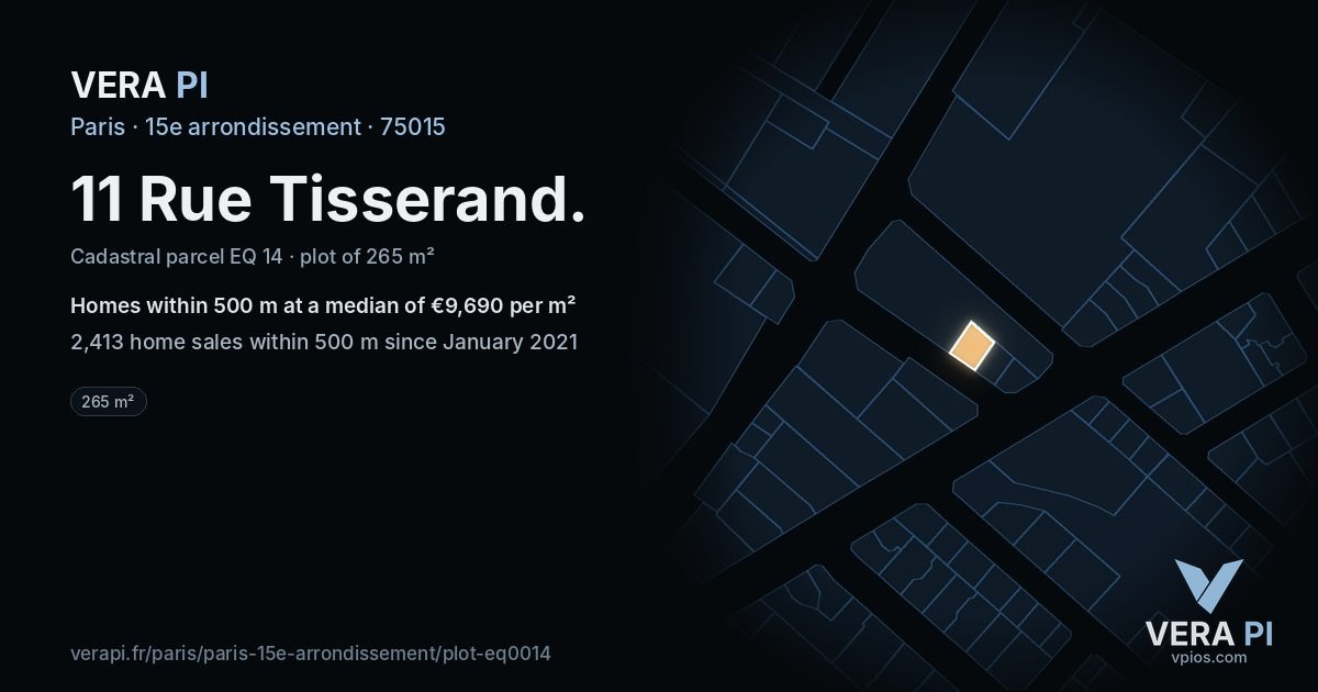11 Rue Tisserand, 15e arrondissement at night – the plot lit, the parcels around coloured by the prices near them
