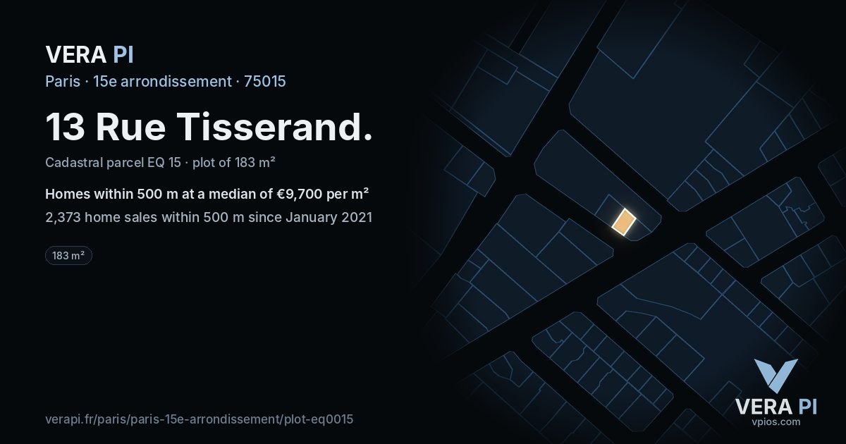 13 Rue Tisserand, 15e arrondissement at night – the plot lit, the parcels around coloured by the prices near them