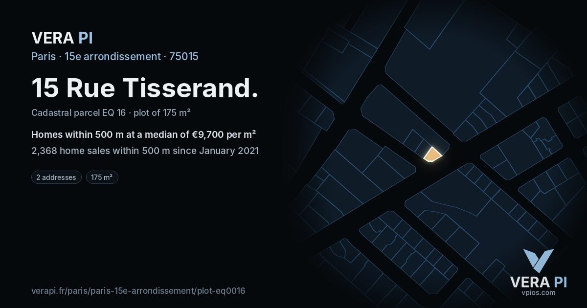 15 Rue Tisserand, 15e arrondissement at night – the plot lit, the parcels around coloured by the prices near them