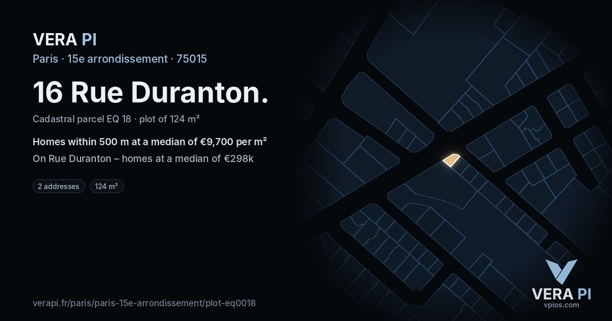 16 Rue Duranton, 15e arrondissement at night – the plot lit, the parcels around coloured by the prices near them