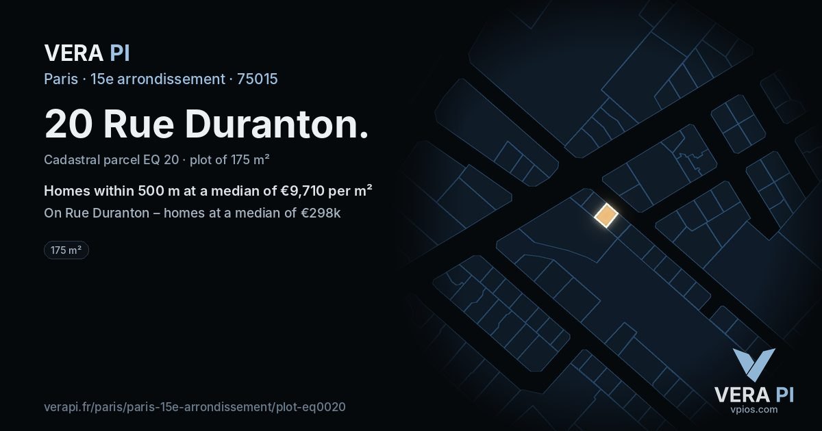 20 Rue Duranton, 15e arrondissement at night – the plot lit, the parcels around coloured by the prices near them