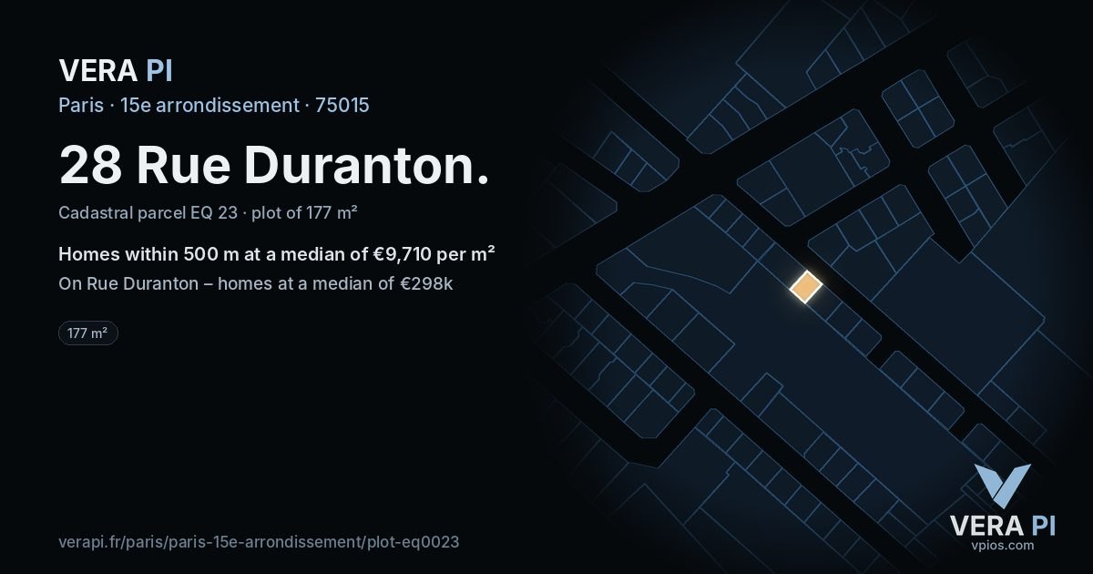 28 Rue Duranton, 15e arrondissement at night – the plot lit, the parcels around coloured by the prices near them