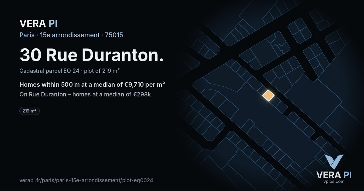30 Rue Duranton, 15e arrondissement at night – the plot lit, the parcels around coloured by the prices near them