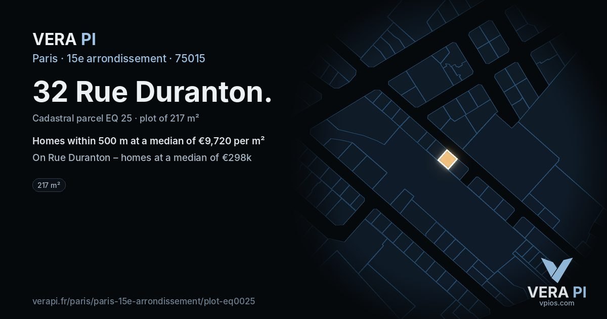 32 Rue Duranton, 15e arrondissement at night – the plot lit, the parcels around coloured by the prices near them