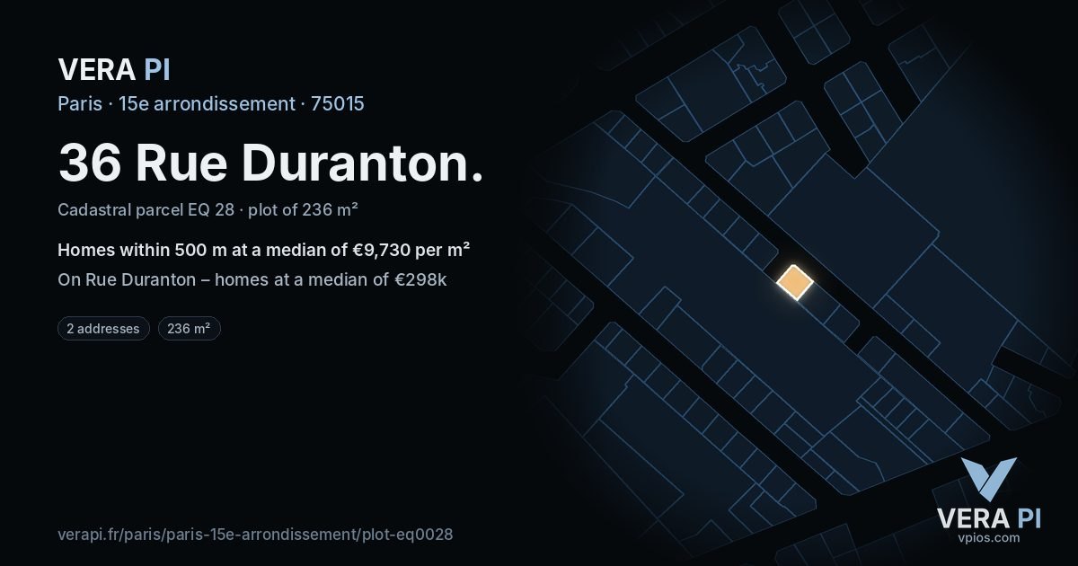 36 Rue Duranton, 15e arrondissement at night – the plot lit, the parcels around coloured by the prices near them