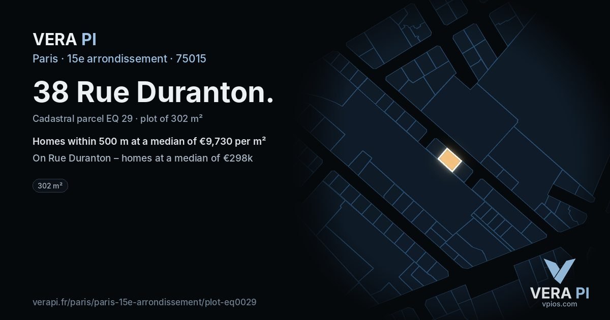 38 Rue Duranton, 15e arrondissement at night – the plot lit, the parcels around coloured by the prices near them