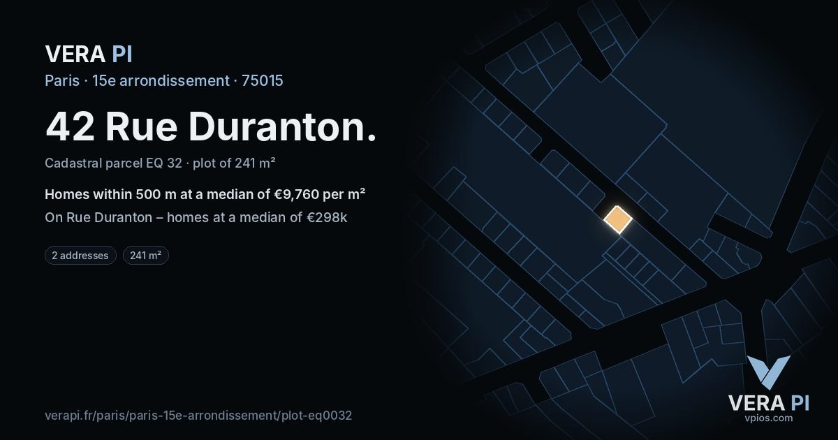 42 Rue Duranton, 15e arrondissement at night – the plot lit, the parcels around coloured by the prices near them
