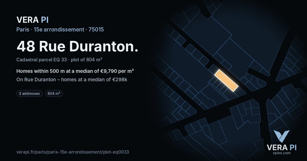 48 Rue Duranton, 15e arrondissement at night – the plot lit, the parcels around coloured by the prices near them
