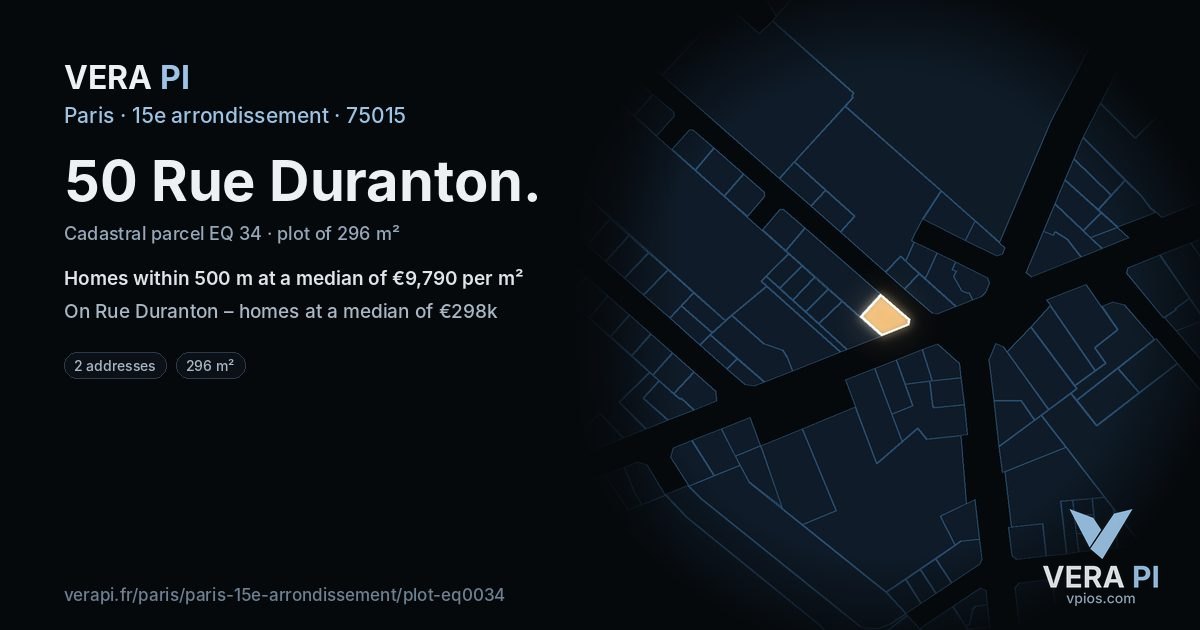 50 Rue Duranton, 15e arrondissement at night – the plot lit, the parcels around coloured by the prices near them