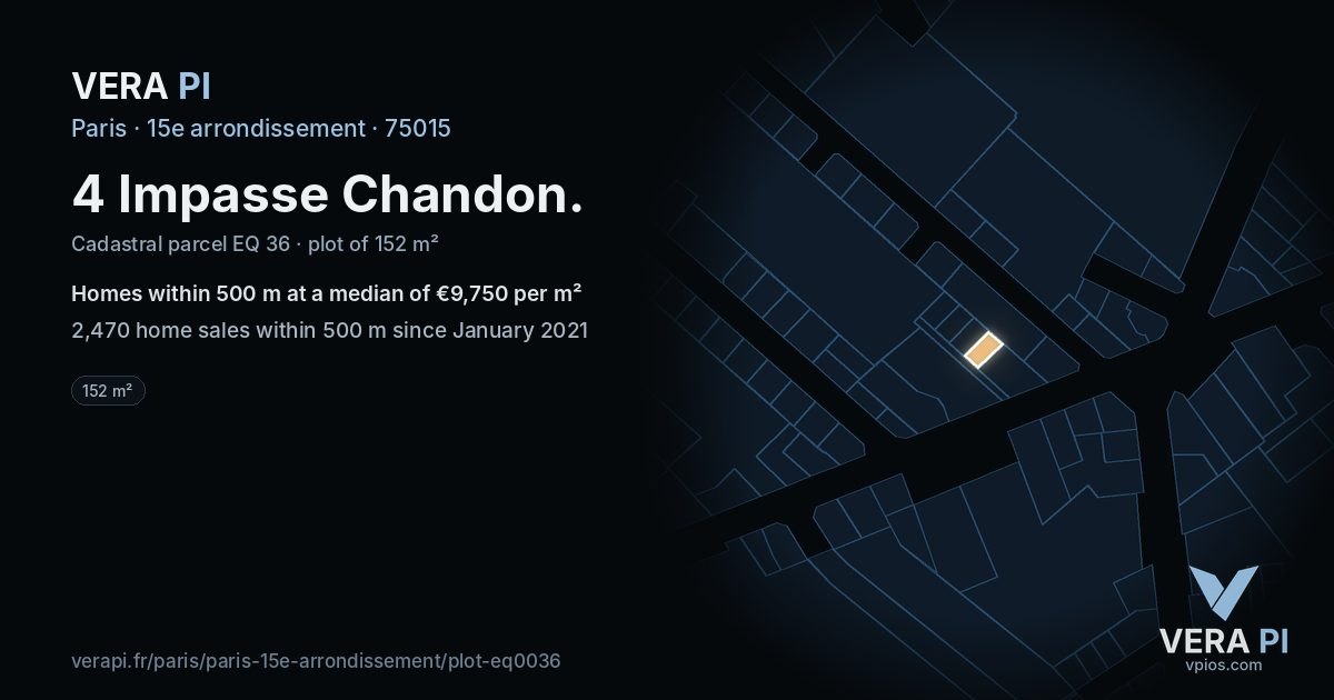 4 Impasse Chandon, 15e arrondissement at night – the plot lit, the parcels around coloured by the prices near them