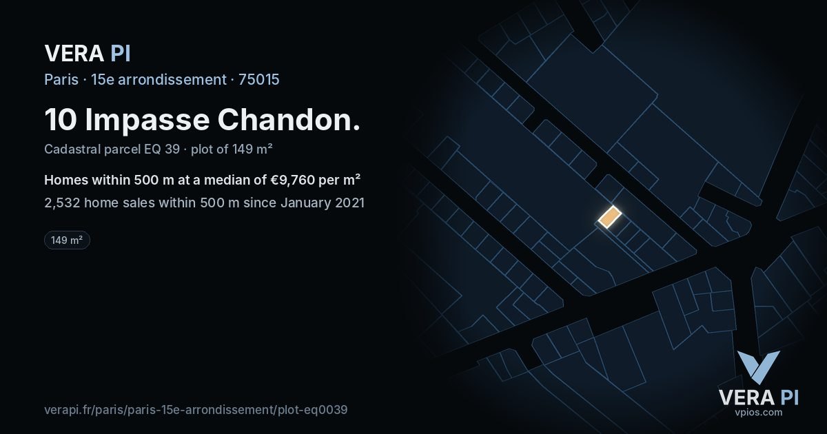 10 Impasse Chandon, 15e arrondissement at night – the plot lit, the parcels around coloured by the prices near them