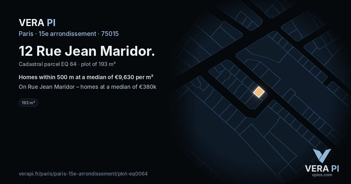 12 Rue Jean Maridor, 15e arrondissement at night – the plot lit, the parcels around coloured by the prices near them