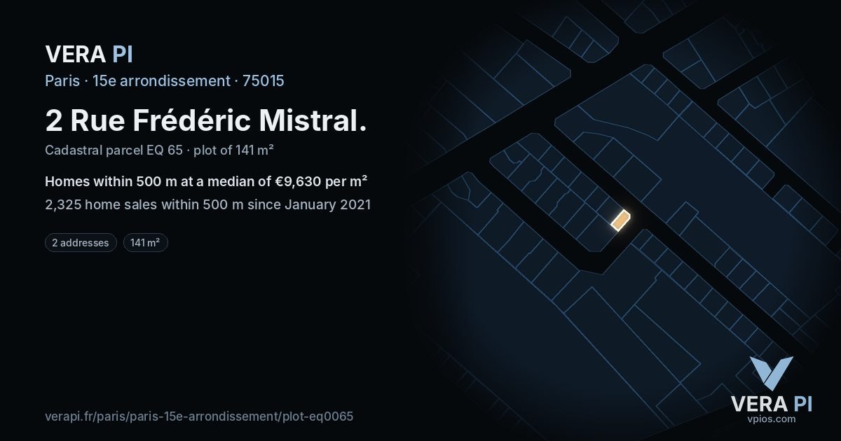 2 Rue Frédéric Mistral, 15e arrondissement at night – the plot lit, the parcels around coloured by the prices near them