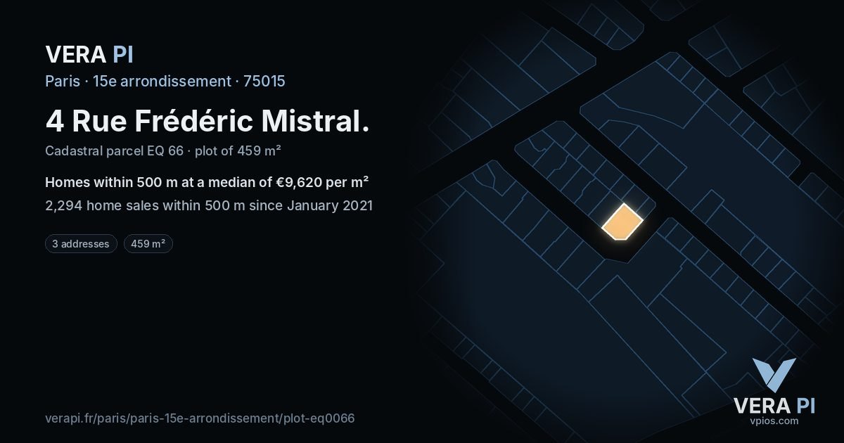 4 Rue Frédéric Mistral, 15e arrondissement at night – the plot lit, the parcels around coloured by the prices near them