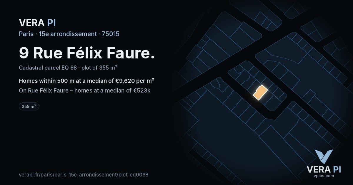 9 Rue Félix Faure, 15e arrondissement at night – the plot lit, the parcels around coloured by the prices near them