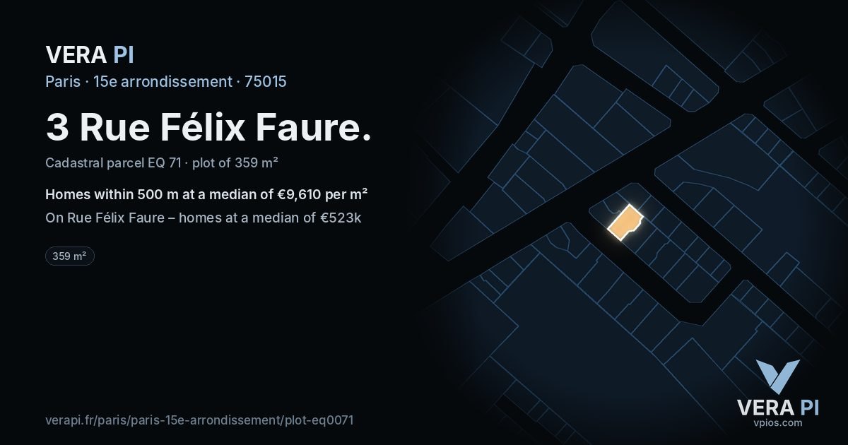 3 Rue Félix Faure, 15e arrondissement at night – the plot lit, the parcels around coloured by the prices near them